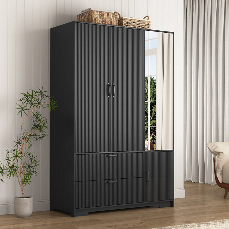 Garde-robe à DEL avec portes et 2 tiroirs, Noir