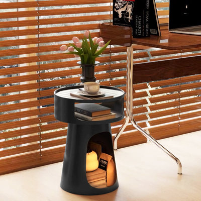 15.74 “ Wide Toughened Glass Round End Table, Pet-Friendly Side Table, Black Steel Bedside Table.