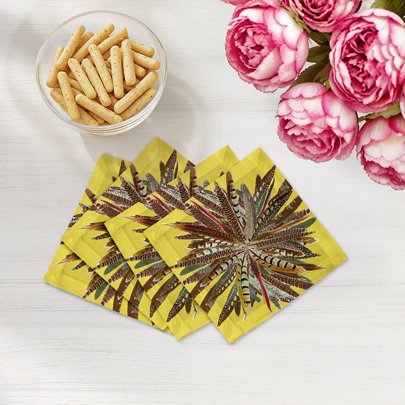 Serviettes de cocktail en satin de coton Pheasant Feathers, Jaune