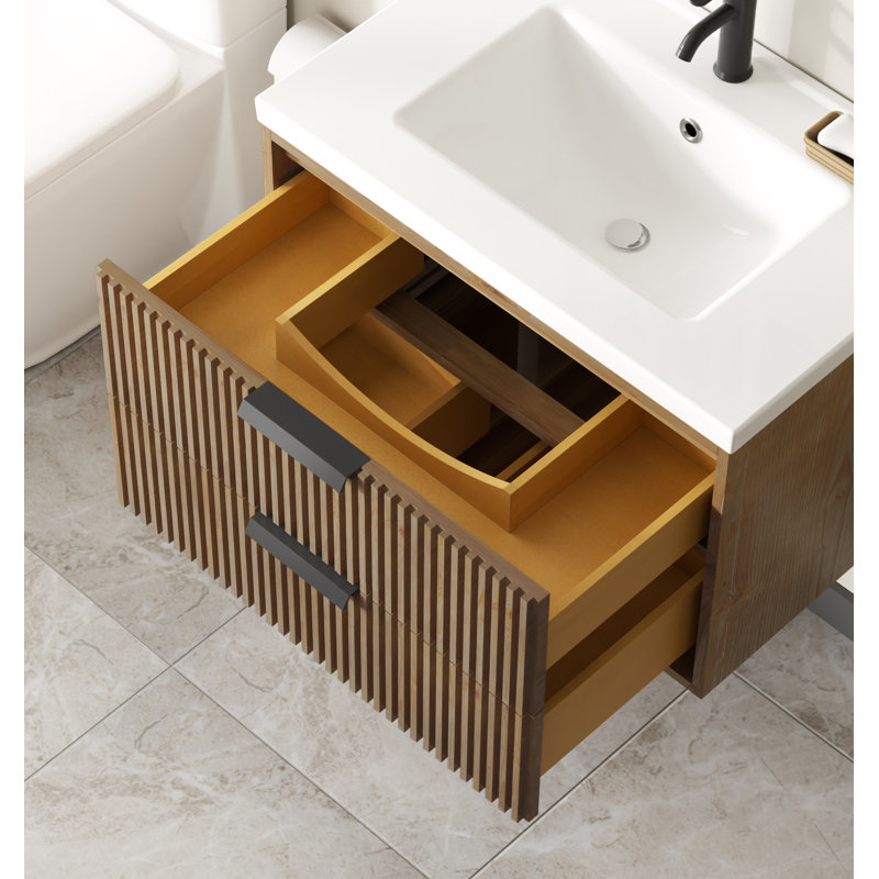 Meuble-lavabo flottant avec lavabo simple blanc Maxbano, Marron clair, Noir