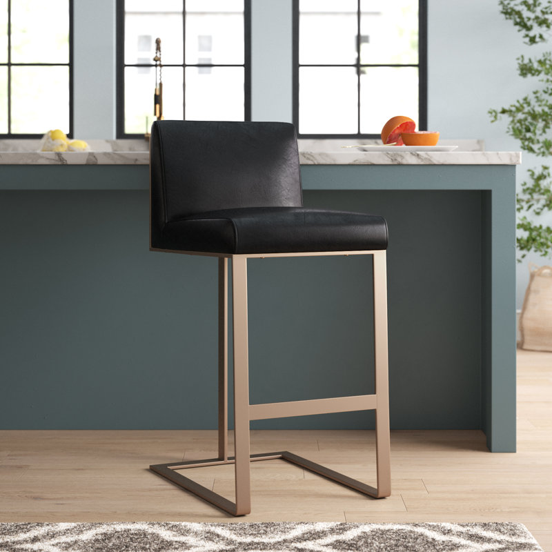 Theron rembourré avec structure en métal, Noir, Tabouret de comptoir (siège d'une hauteur de 26 p, Laiton antique