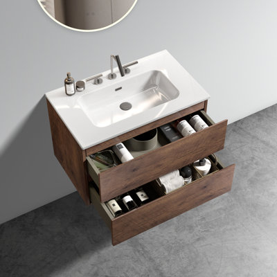 Bron 30"" Wall Mount Natural Oak Bathroom Vanity With Ceramic Sink With Three Faucet Holes, Large Storage Floating Bathroom Vanity For Modern Bathroom, -  Ebern Designs, 790411E2A6A54D589F64D75A16518A22