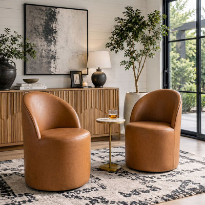 Rolling Small Upholstered Faux Leather Barrel Accent Chair With Hidden Casters