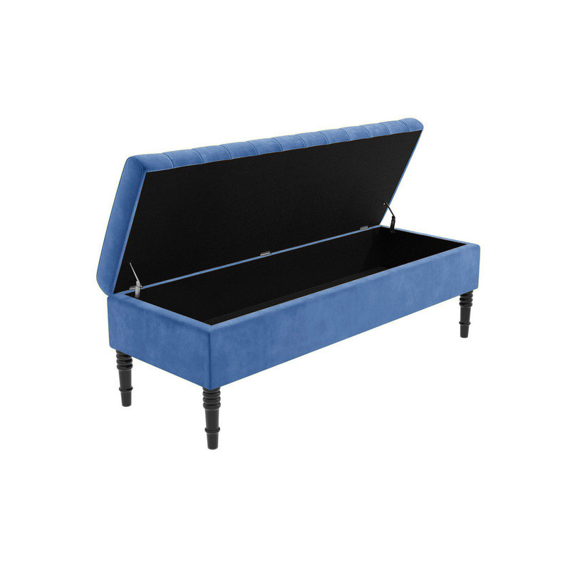 Safar Striped Ottoman Storage Bench – Upholstery Plush Velvet Shoe Bench with Black Turned Wooden Legs, Duck Egg