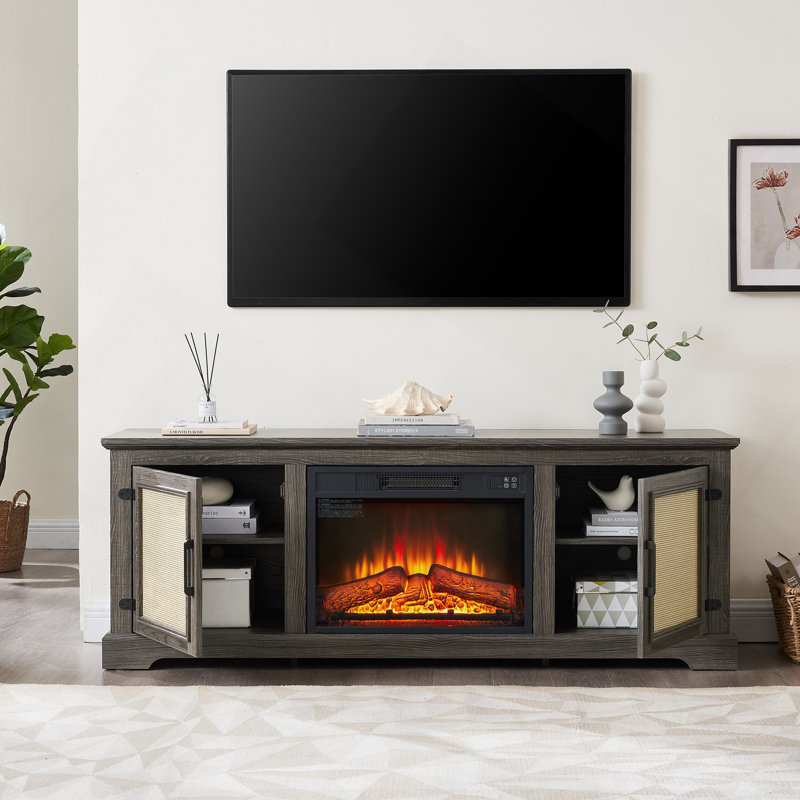 Armoire à porte en rotin naturel avec tablette réglable en bois, console de campagne en rotin pour téléviseur de 70 po ou moins, meuble télé avec foyer encastré de 23 po, l 65 po x P 15,55 po x H 23,86 po, GRIS
