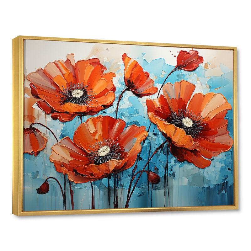 Tranquil Blue and Red Poppies - Art mural coquelicots, H 34 po x l 44 po x P 1,5 po, Cadre flottant doré