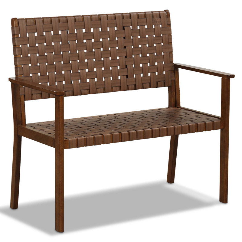  Patio Loveseat All Weather Bench With Solid Rubber Wood Frame&hand Woven Pu Leather