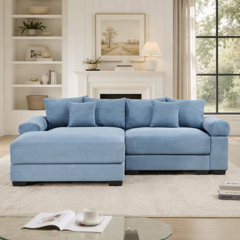 Canapé d'angle Cloud surdimensionné en forme de L avec pouf, revêtement en velours côtelé doux, assises profondes, design ergonomique, 6 coussins, montage facile, idéal pour les salons et les espaces de détente.