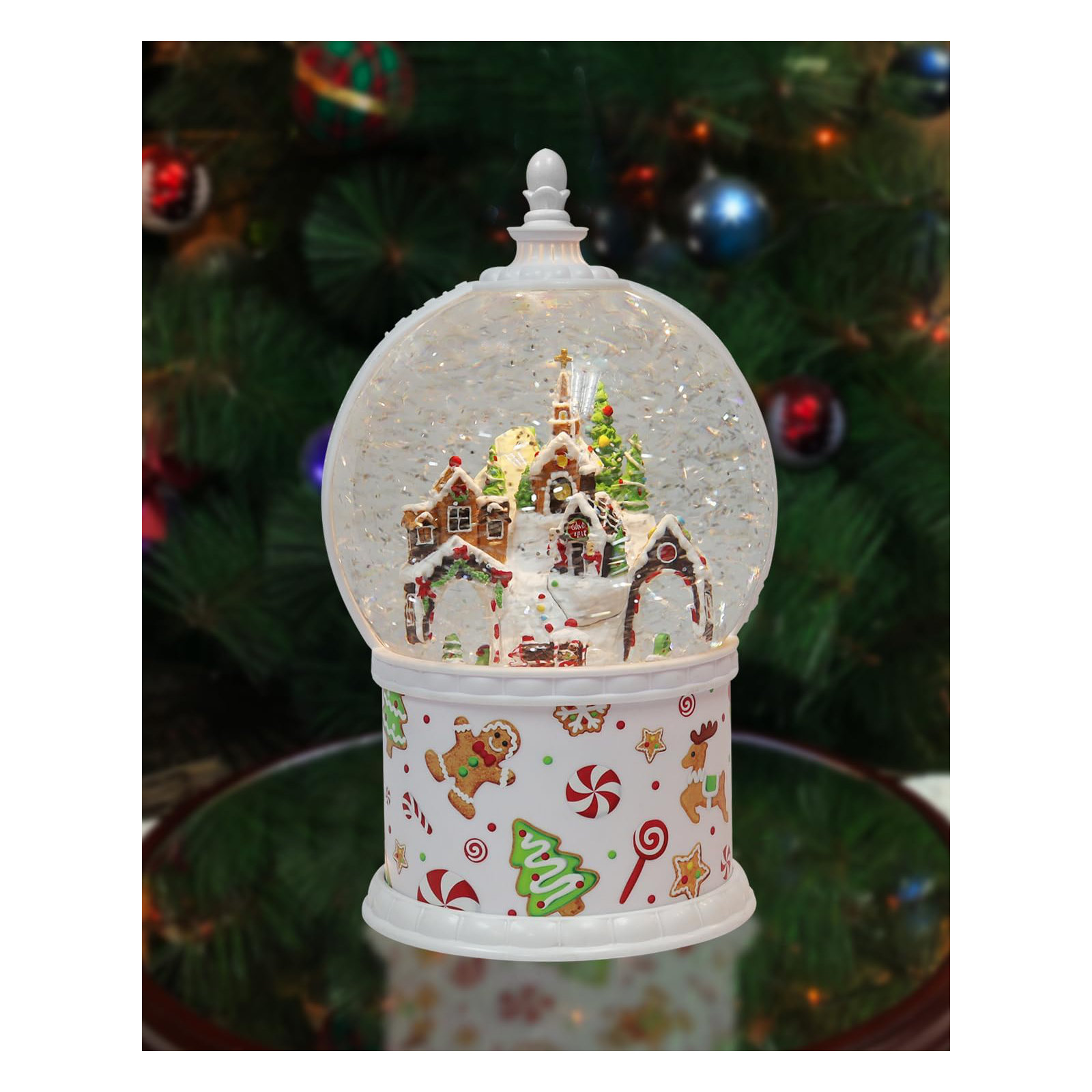 11.7“H Acrylic Gingerbread Globe - LED Lights, Water Spinning Glitter, Battery - Hand-Painted Resin