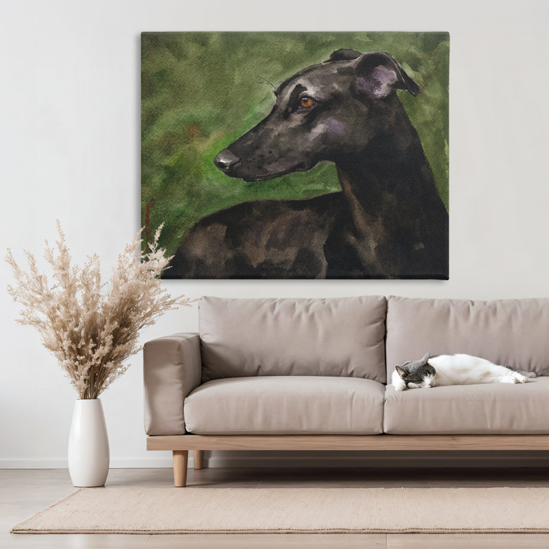Portrait de lévrier noir, toile par George Dyachenko, H 36 po x l 48 po