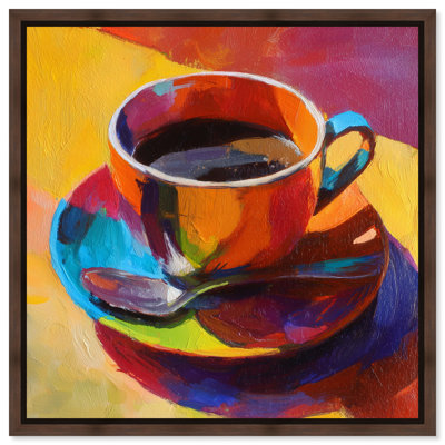 Colorful Cup of Coffee Framed Canvas Print Kitchen Wall Decor by Art Remedy, Walnut Frame, 20 x 20