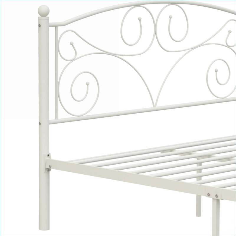 Grand lit plateforme, silhouette unique de style floral, structure en métal blanc éclatant avec tête et pied de lit