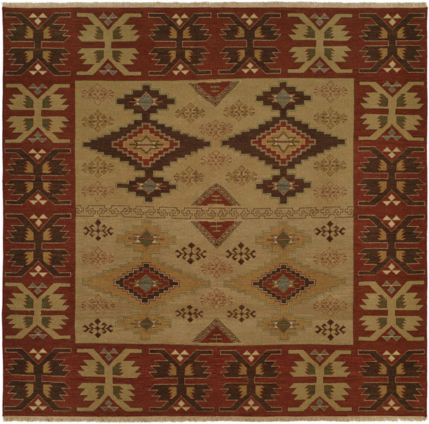 Tapis brun / rouge en laine noué à la main Ikat, Tapis de couloir beige
