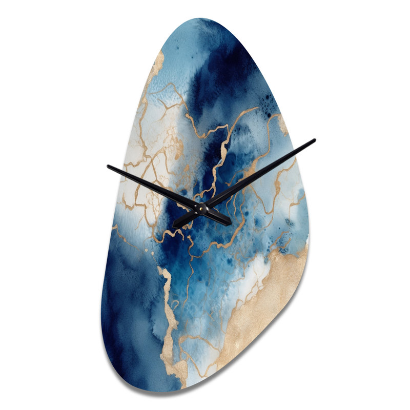 Horloge murale en forme de fractale bleue et bleue à motif de nuages en marbre bleu et doré, Grand