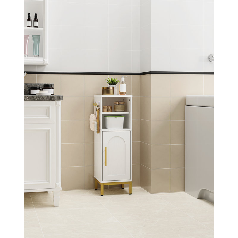 Bathroom Storage Cabinet, Corner Floor Cabinet with Door & Shelves, 2Hooks, Small Narrow Storage Organizer, Toilet Paper Cabinets for Small Space, White