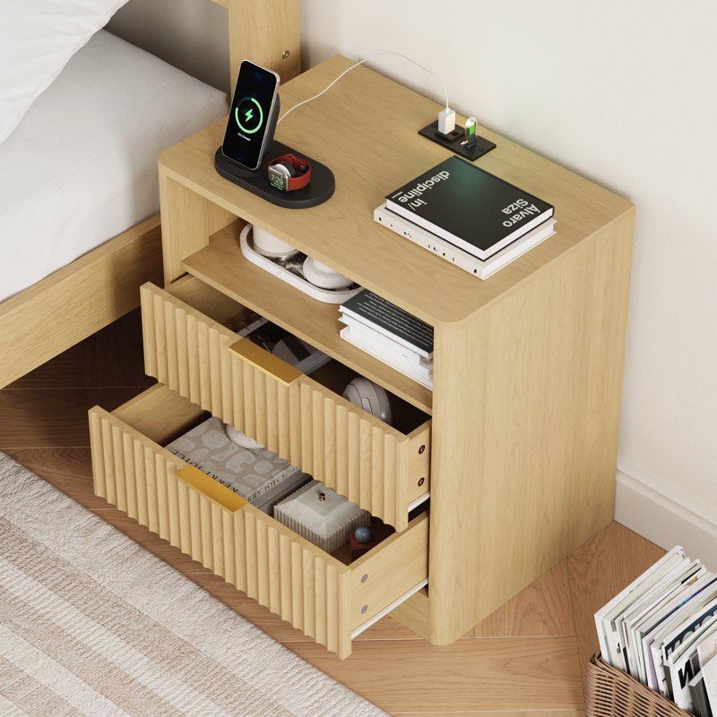 Fluted Smart Nightstand With Charging Station, Voice-Controlled Led Light, Bedside Table With Shelf And Cabinet, Natural