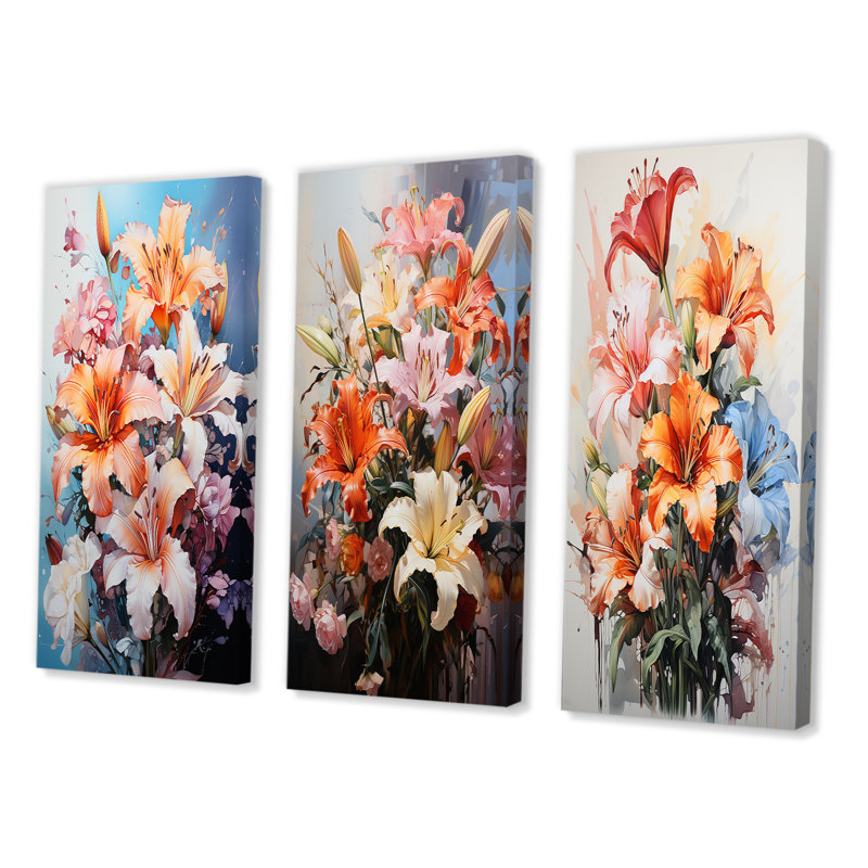 «Lilies Représentation multicolore acrylique III», 3 pièces sur toile, Toile tendue, H 40 po x l 60 po