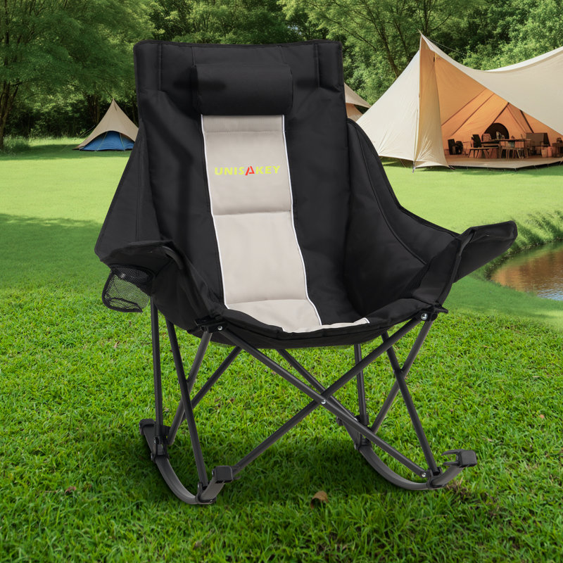  Fauteuil de camping berçant surdimensionné pliable pour l'extérieur avec porte-gobelet, support 300 lb, Gris clair / noir