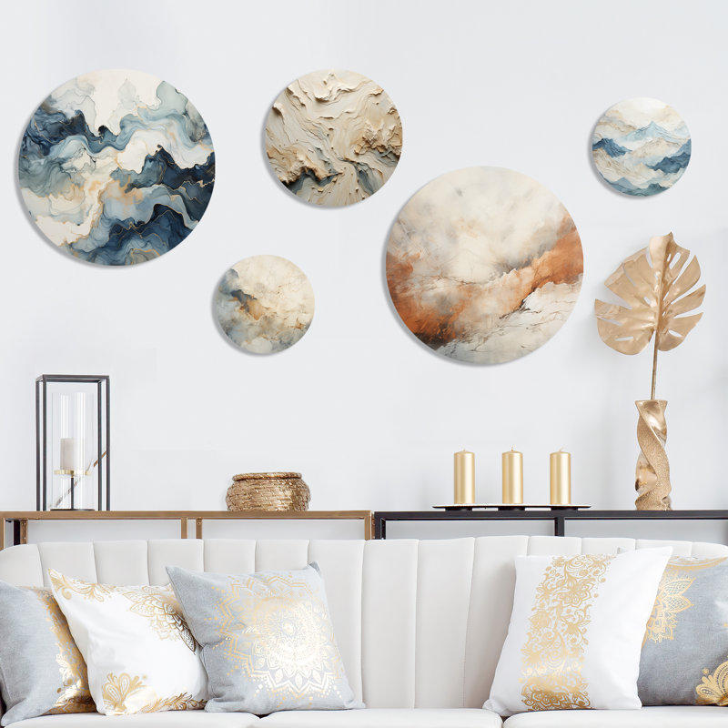 Minimalisme «River Mountain Wonders I» - ensemble d'art mural rond de 5 pièces