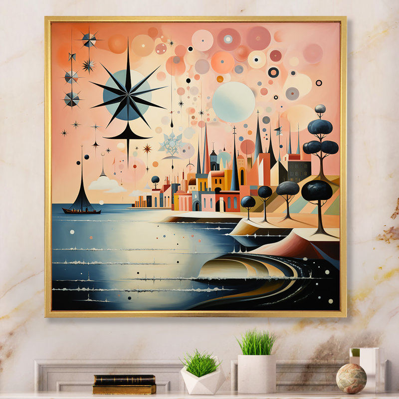«Vintage City In Retro Pastel Palette» sur impression sur toile, 44" H x 44" W, Cadre flottant doré