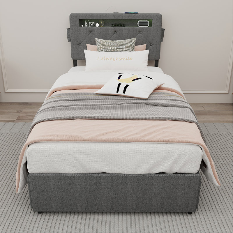 Cadre de lit simple avec station de charge USB et lumières DEL, cadre de lit simple avec tête de lit et 4 tiroirs de rangement