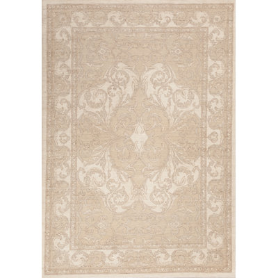 Tapis de zone en laine beige/brun 4 pi x 6 po à la main one-of-kind noué la