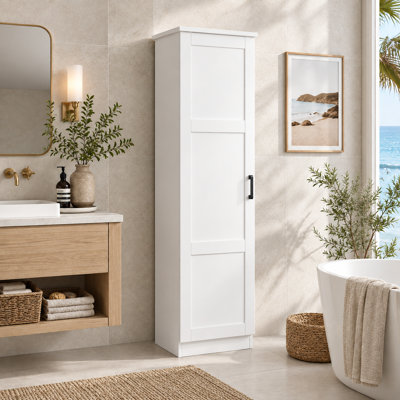Armoire à linge de salle de bain autoportante étroite de 153,4 cm de hauteur, avec 1 porte et étagères réglables, blanche
