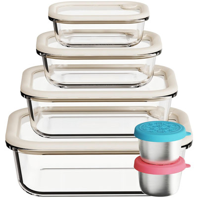 Contenants en verre pour aliments avec couvercles en verre scellés au silicone, vinaigrettes en acier inoxydable, ensemble de préparation de repas étanche, paquet de 4 (blanc)