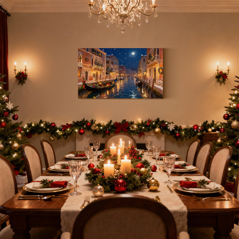 «Christmas Venice Night Christmas Gondola Lights Snow Moon», ensemble de 3 impressions sur toile, H 20 po x l 30 po