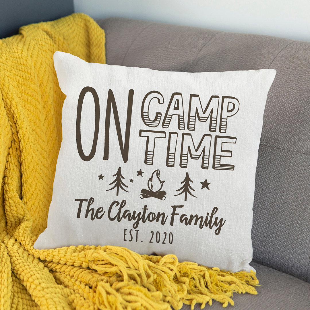 On Camp Time Throw Pillow With Custom Personalization Printed | Square Removable Cover | Cabin Or Camping Themed Decorative Accent | 14" X 14" CPS 