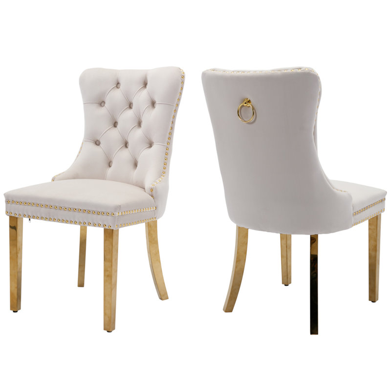 Tufted Velvet Wing Back Side Dining Chairs, Beige, Mirror Gold