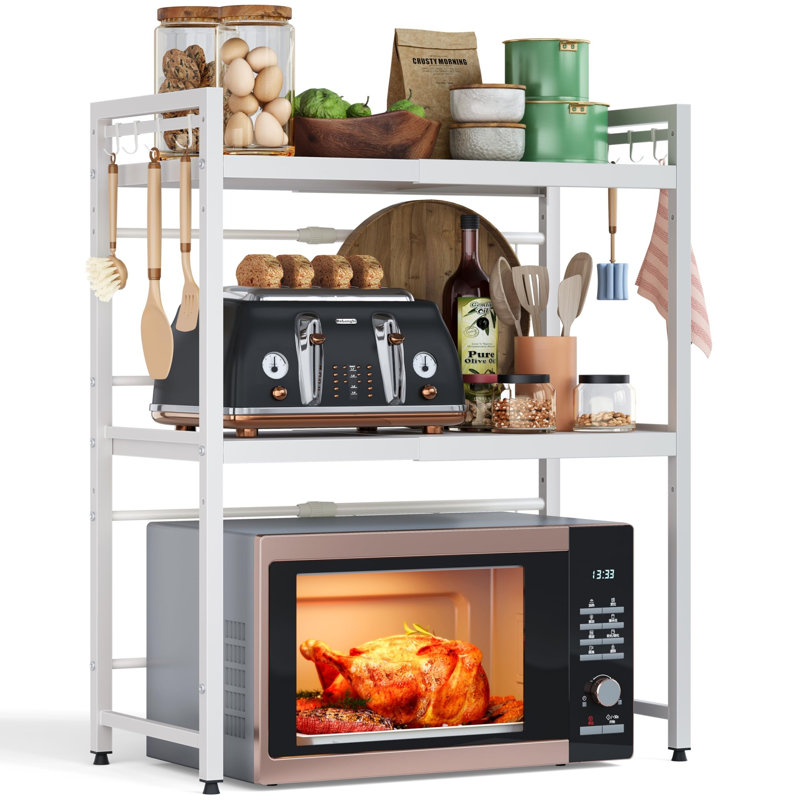 3-Tier Expandable Microwave Shelf, Freestanding Over-Microwave Storage Stand with 8 S-Hooks, White Multi-Purpose Bakers Rack for Kitchen Organisation