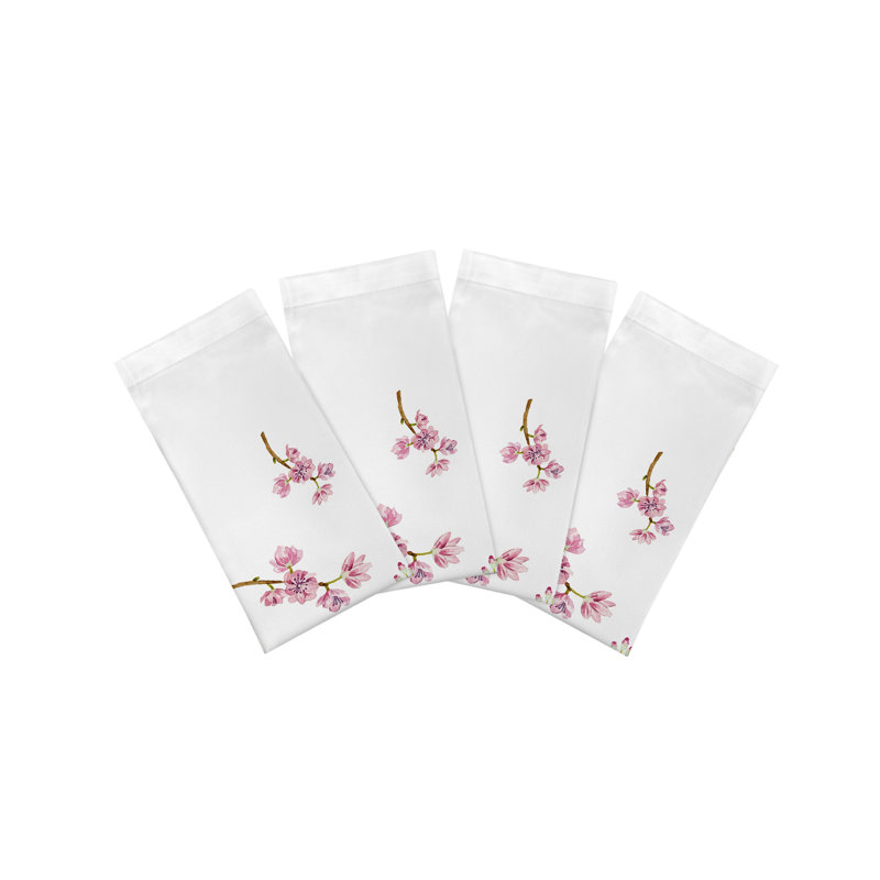 Blossom Fantasia Hemstitch 22" Linen/Cotton Napkin, White/Pink