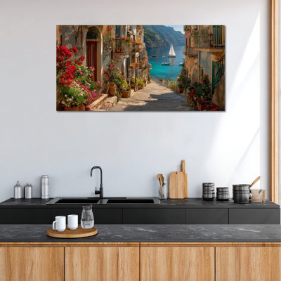 CXVU Extra Large Italy Amalfi Coast Canvas Wall Art, Italian Wall Decor with Serene Seaside Village View, Rustic Floral Balcony Canvas Artwork Print for Living Room Bedroom Dining Area 24x48"