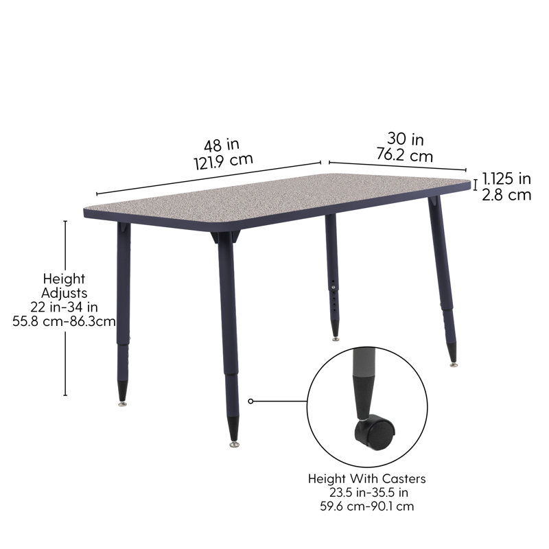 Table d'activité rectangulaire 24 x 48 avec pieds fuselés réglables Adapte, 30 po x 48 po, Gris/bleu marine