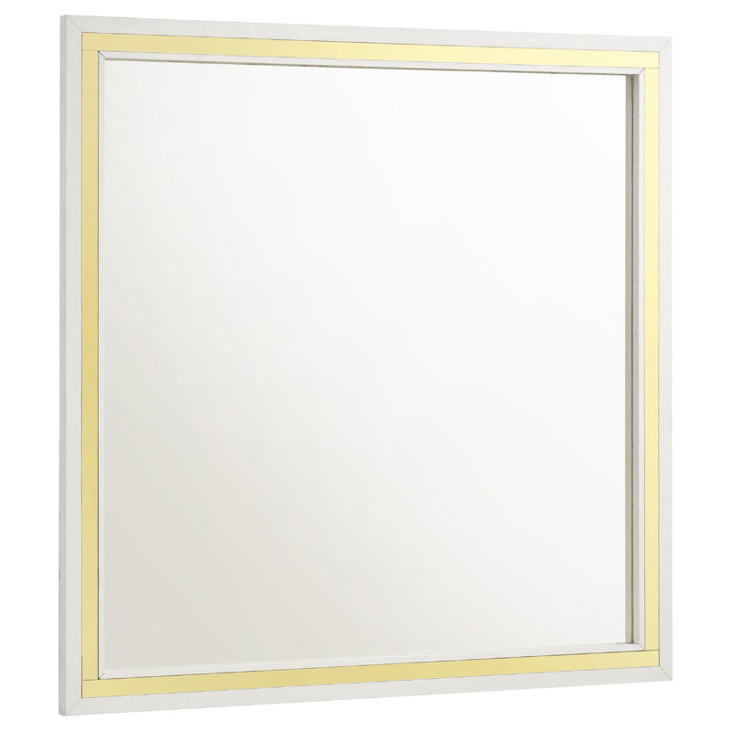 Miroir de commode carré Jenny, bordure dorée polie, bois et mélamine, Blanc