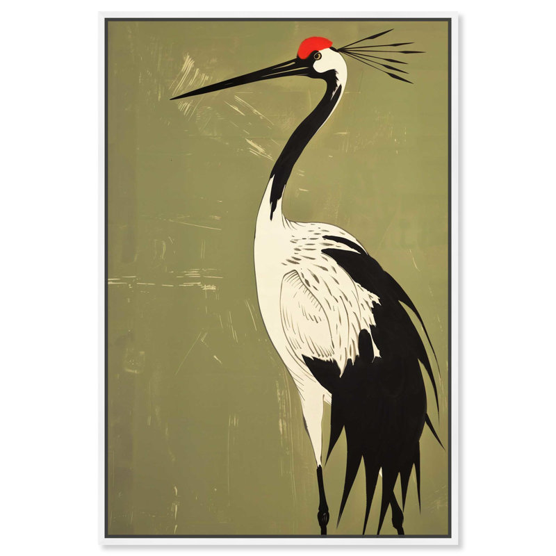 Crane sur toile de jade, impressions d'art japonais rétro par Art Remedy, Cadre blanc, H 31 po x l 21 po