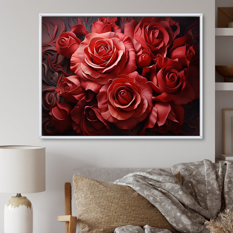 «Red Classic Rose Resson II - Roses», art mural, Cadre flottant blanc, H 24 po x l 32 po x P 1 po