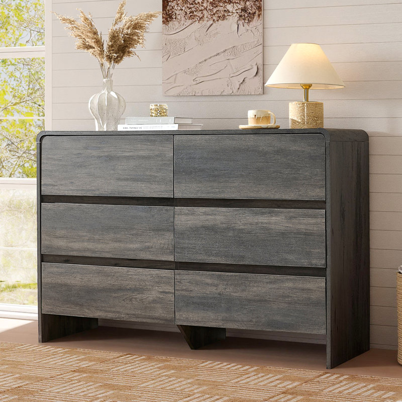Modern 6-Drawer Dresser with Wood Grain Finish, Black
