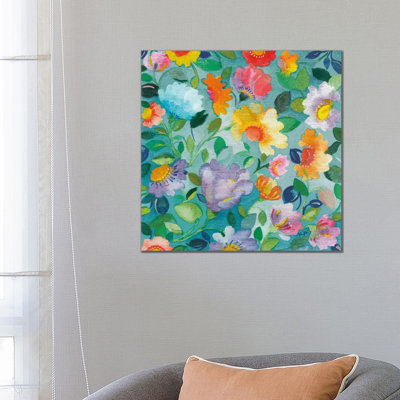 Turquoise Flowers - Wrapped Canvas Painting