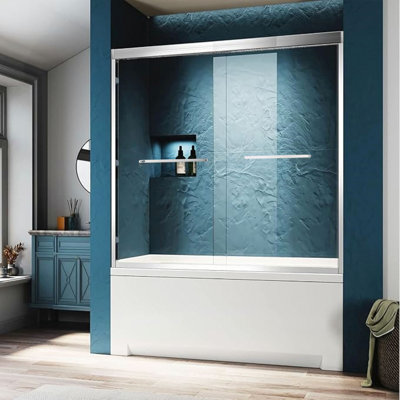56-60"W X 60"H Double Sliding Tub Shower Door, Aluminium Alloy Frame In Chrome, 1/4" (6Mm) Thick SGCC Tempered Clear Glass.