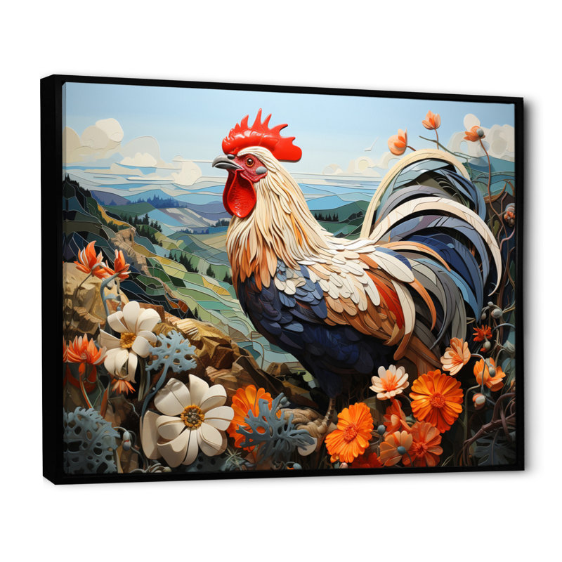 " Rooster Portrait With Mountain Flowers ", 12" H x 20" W, Black Floater Framed