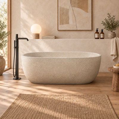 StonePure 47"x25.5" Compact Freestanding Solid Surface Stone Bathtub, 13" Deep Soaking Tub With Overflow, Pop-up Drain