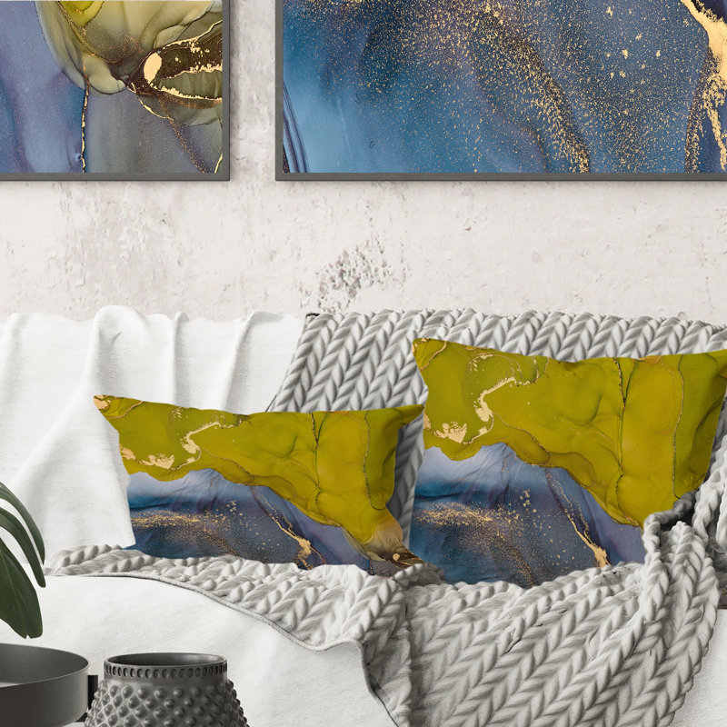 «Green and Blue Luxury Abstract Fluid Art», coussin décoratif imprimé moderne, 18 po x 18 po