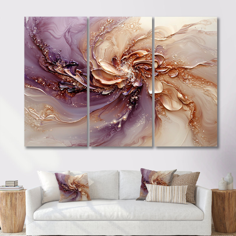 Vague cosmique de lavande, encre liquide III - ensemble de décorations murales à encre liquide abstraite, H 32 po x l 48 po