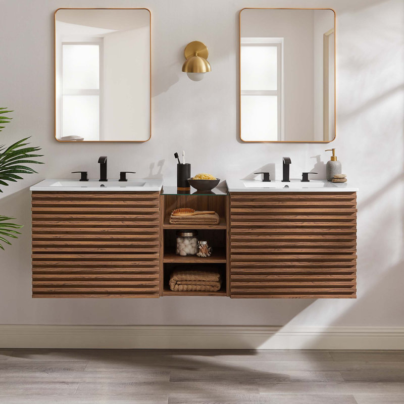 Render 62" Wall-Mount Double Sink Bathroom Vanity, White