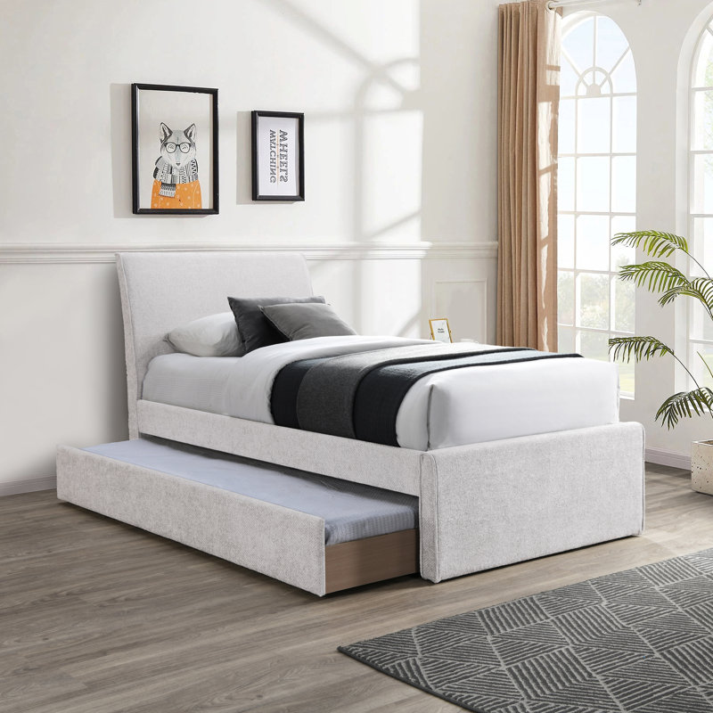 Myles Pittenger Chenille Fabric Twin Trundle Bed, Cream Chenille Fabric