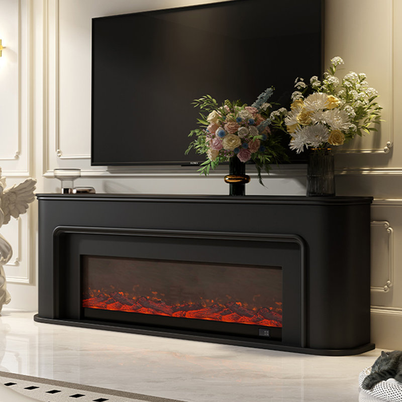 Black Solid Wood TV Cabinet Fireplace, Black