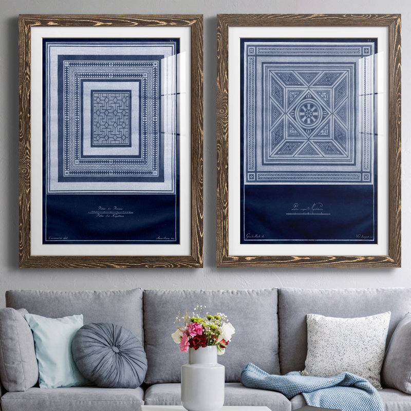 Indigo Tile IV - ensemble de 2 impressions encadrées, H 31,5 po x l 47 po x P 1,5 po, Noyer