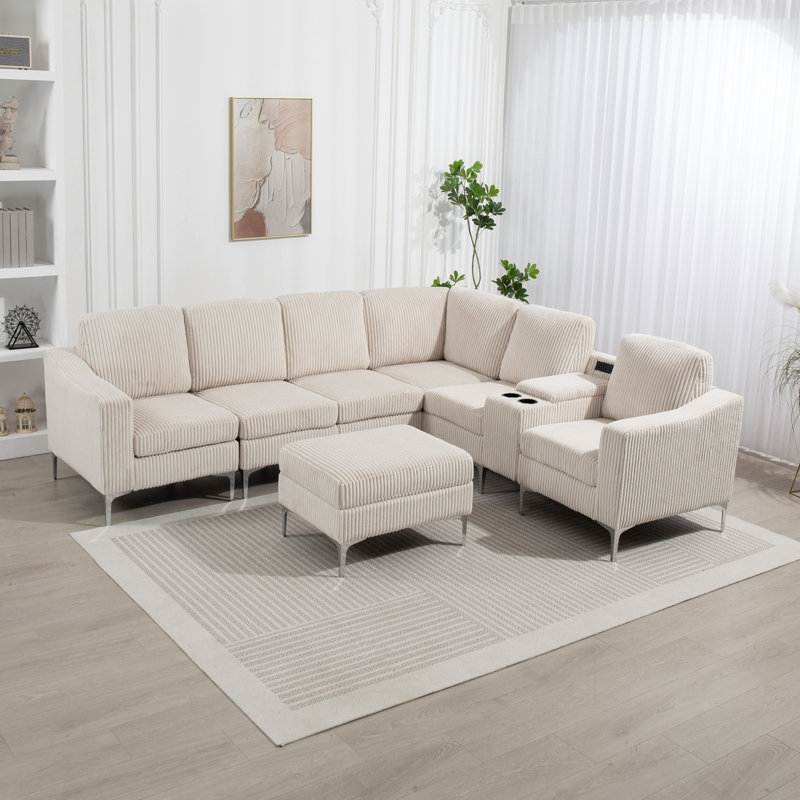 Ensemble de canapé modulaire rembourré en velours côtelé, H 35,43 po x l 104,95 po x P 83,86 po, Velours côtelé beige